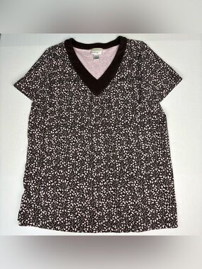 Essentials by Maggie Women 1X Shirt Brown Pink Floral Cotton V-Neck Short Sleeve